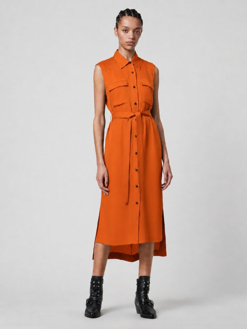 ALLSAINTS Esthie Orange 100% Silk Sleeveless Midi Shirt Dress, Size 6